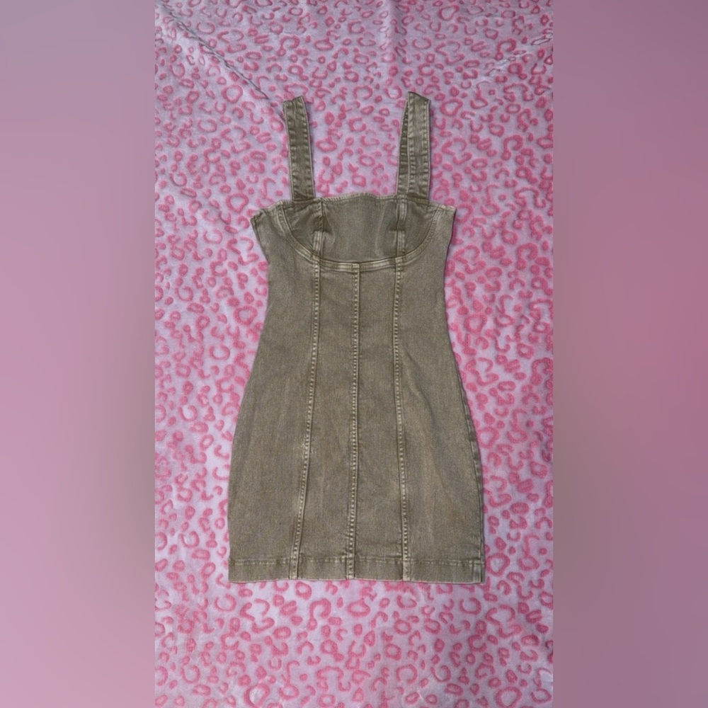 Slim Fit Khaki Denim Dress with Square Neck